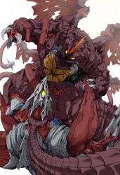 Rule 34 | arm blade, bleeding, blood, claws, colored blood, crest, crossover, daiei film, destoroyah, gamera (series), gamera 3: revenge of iris, giant, giant monster, glowing, glowing eyes, godzilla (series), godzilla vs. destoroyah, green blood, horns, injury, iris (gamera), kaiju, monster, muscular arms, muscular legs, no humans, open mouth, pincers, semania9ja, sharp teeth, simple background, single horn, stab, tail, teeth, tentacles, thick thighs, thighs, toho, torn wings, tusks, veins, veiny tentacles, weapon, white background, wings, yellow eyes