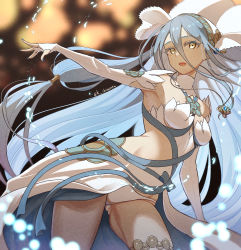 1girl absurdres aqua_hair armpits azura_(fire_emblem) blue_ribbon breasts detached_sleeves dress fingernails fire_emblem fire_emblem_fates hair_between_eyes hair_tubes highres jewelry karashino long_hair looking_at_viewer necklace nintendo open_mouth ribbon sleeveless sleeveless_dress solo twitter_username underwear veil very_long_hair water white_dress yellow_eyes