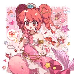 1girl 2000s_(style) :d absurdres aiyingyingyingying beads belt belt_charm blush_stickers border bow charm_(object) chinese_commentary commentary_request commission dress fine_(futagohime) fish frilled_dress frills fushigiboshi_no_futago_hime gem hair_beads hair_ornament highres jewelry lace looking_at_viewer magical_girl medium_hair mermaid monster_girl necklace off-shoulder_dress off_shoulder open_mouth pink_dress quad_braids red_eyes red_hair red_theme seashell shell smile solo tiara unworn_jewelry unworn_necklace white_border zoom_layer