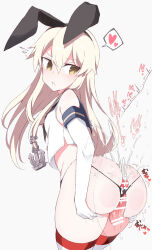 1boy 1girl anchor_hair_ornament angry animal_ears black_panties blonde_hair blue_sailor_collar breasts buttjob cum cum_on_ass cum_on_body cum_on_clothes ejaculation elbow_gloves gloves hair_ornament heart hetero kantai_collection kneehighs long_hair looking_back off_shoulder open_mouth panties penis rabbit_ears sailor_collar school_uniform serafuku shigino_sohuzi shimakaze_(kancolle) sleeveless socks solo_focus spoken_heart string_panties striped_clothes striped_socks underwear white_gloves white_serafuku wide_hips