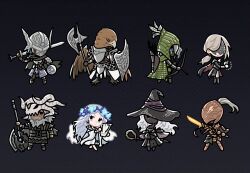 3girls 5boys animal_head armor ascot beak bird bird_boy black_skin blindford blonde_hair blue_surcoat brother_and_sister closed_eyes colored_skin dark_skin duchess_(elden_ring) elden_ring elden_ring_nightreign executor_(elden_ring) flower_wreath gloves guardian_(elden_ring) halberd hat hat_over_eyes hat_over_one_eye hawk helmet highres ironeye_(elden_ring) large_hat long_hair multiple_boys multiple_girls polearm raider_(elden_ring) recluse_(elden_ring) revenant_(elden_ring) siblings sword very_dark_skin weapon winged_helmet witch witch_hat wooden_staff wylder_(elden_ring) zerosshadows
