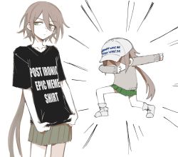 1girl bad_id bad_twitter_id baseball_cap black_shirt closed_mouth commentary dab_(dance) english_commentary english_text green_eyes green_skirt grey_hair grey_sweater hair_between_eyes hat hat_writing impact_(font) jitome long_hair looking_at_viewer meme multiple_views original parody pleated_skirt ponytail shirt short_sleeves skirt sweater tsu_(lovesick1964) very_long_hair white_background