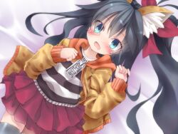 1girl animal_ears balulu_alma bed black_hair black_thighhighs blue_eyes embarrassed emil_chronicle_online frilled_skirt frills hair_ribbon hood hooded_jacket jacket long_hair lying maou_mikage on_back on_bed open_mouth red_ribbon red_skirt ribbon shirt side_ponytail skirt striped_clothes striped_shirt thighhighs