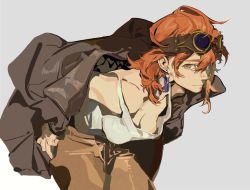 1girl bent_over black_coat breasts brown_eyes brown_pants cleavage coat downblouse female_focus goggles goggles_on_head hair_between_eyes highres leaning_forward long_coat medium_breasts messy_hair mullet no_bra off_shoulder original pants red_hair salamanders0 simple_background solo tank_top tomboy white_background white_tank_top