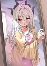 1girl absurdres blue_archive blurry cardigan collarbone commentary_request curtains demon_girl demon_horns depth_of_field hair_between_eyes hair_down haixingren halo highres hina_(blue_archive) hina_(pajamas)_(blue_archive) horns indoors leaning_forward long_hair long_sleeves looking_at_viewer official_alternate_costume official_alternate_hairstyle open_cardigan open_clothes opening_door pajamas parted_lips pink_pajamas polka_dot polka_dot_pajamas purple_eyes sidelocks solo surprised sweat wavy_hair white_hair yellow_cardigan