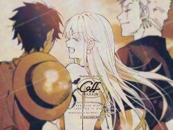 1girl 2boys artist_logo bare_shoulders bikini bikini_top_only blurry blurry_background blurry_foreground blush closed_eyes closed_mouth cloud cloudy_sky earrings from_behind from_side grin hat jewelry logo long_hair monkey_d._luffy multiple_boys multiple_earrings nami_(one_piece) one_piece outdoors pearl_earrings profile roronoa_zoro scar scar_across_eye scar_on_face sepia short_hair short_sleeves shoulder_tattoo sky smile straw_hat straw_hat_pirates swimsuit tattoo teeth twitter_username unworn_hat unworn_headwear upper_body watermark watermark_grid yum_xoxo_yum