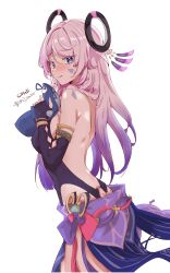 1girl abrokedrawer absurdres armlet backless_outfit bare_back bare_shoulders black_gloves blue_eyes blush citlali_(genshin_impact) cowboy_shot elbow_gloves facial_mark fingerless_gloves genshin_impact gloves highres jewelry long_hair looking_at_viewer pink_hair ring_hair_ornament simple_background skirt solo standing very_long_hair white_background