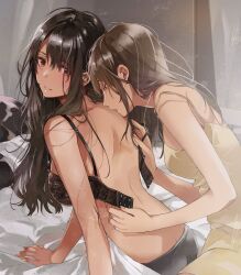 2girls bare_back black_hair black_panties blush bra breasts brown_eyes brown_hair camisole curtains earrings fly_(marguerite) highres indoors jewelry kissing_back long_hair medium_breasts multiple_girls open_bra original panties parted_lips sidelocks sweatdrop syrup_(women_love_anthology) underwear yellow_camisole yuri