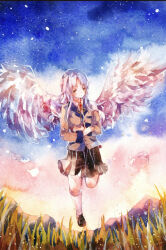 Rule 34 | 1girl, angel beats!, at-sakura, black shoes, black skirt, grey hair, highres, looking at viewer, school uniform, shoes, skirt, socks, solo, tachibana kanade, traditional media, white socks, wings, yellow eyes