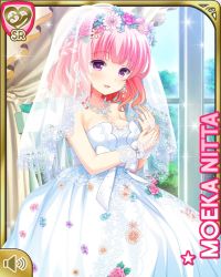 1girl bow breasts card character_name cuffs dress earrings female_focus flower girlfriend_(kari) head_wreath indoors jewelry large_breasts nitta_moeka official_art open_mouth pink_hair purple_eyes qp:flapper rose short_hair smile solo standing tagme veil wedding_dress white_bow window