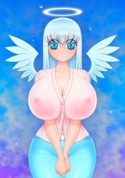 1girl akiranime angel angel_wings blue_eyes blue_hair blue_sky blush breasts cleavage cloud collarbone covered_erect_nipples cowboy_shot denim female_focus halo heart heart-shaped_pupils heaven huge_breasts innocent_face jeans long_hair looking_at_viewer matching_hair/eyes nipples original own_hands_together pants pink_shirt shirt sky smile solo symbol-shaped_pupils wings