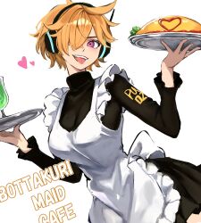 1girl apron black_skirt breasts drink food hair_over_one_eye headphones heart highres holding holding_tray kasumi_6 ketchup large_breasts maid omelet omurice one_piece orange_hair pink_eyes short_hair skirt tongue tongue_out tray vegapunk_lilith