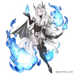 1girl blue_fire breasts cape character_request colored_skin copyright_request corset demon_girl fanza fire full_body garter_straps grey_skin large_breasts official_art pale_skin pasties pubic_tattoo saruchitan shoes skirt_hold smile tattoo thighhighs white_background yellow_eyes
