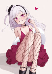 1girl absurdres black_choker black_shoes blue_archive blush breasts choker collarbone condom condom_wrapper convenient_leg dress evening_gown fishnet_pantyhose fishnets fur_shawl grey_hair heart highres holding holding_condom hrnt knees_up long_hair looking_at_viewer mutsuki_(blue_archive) mutsuki_(dress)_(blue_archive) no_halo official_alternate_costume one_eye_closed pantyhose pink_eyes pointy_ears red_dress shawl shoes sitting sleeveless sleeveless_dress small_breasts smile solo very_long_hair