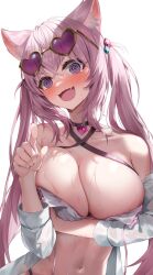 1girl ahoge alternate_breast_size animal_ear_fluff animal_ears aqua_gemstone arm_under_breasts armpit_crease bare_shoulders bikini black_choker blush breasts chest_strap choker cleavage collarbone crossed_bangs double_strap_slip eyewear_on_head fang fingernails frilled_bikini frills gem gem_hair_ornament hair_between_eyes hair_ornament hakui_koyori heart heart-shaped_eyewear heart_collar highleg highres hololive index_finger_raised large_breasts long_hair long_sleeves looking_at_viewer nail_polish navel open_clothes open_mouth open_shirt pink-tinted_eyewear pink_hair pink_heart pink_nails purple_eyes red_gemstone shirt shuvi_(shuvi1125) simple_background solo stomach strap_slip sunglasses swimsuit tearing_up tinted_eyewear twintails v-shaped_eyebrows virtual_youtuber wavy_mouth wet white_background white_bikini white_shirt wolf_ears wolf_girl yellow-framed_eyewear
