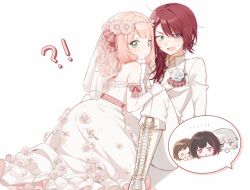 Rule 34 | !?, 2girls, aoba moca, bang dream!, bare shoulders, black hair, blue eyes, blush, boots, brown hair, chi-squared, closed mouth, commentary, dress, elbow gloves, fang, female focus, flower, gloves, grey hair, hand on another&#039;s knee, hazawa tsugumi, highres, jacket, knee boots, lipstick mark, lipstick mark on face, long hair, mitake ran, multicolored hair, multiple girls, pants, pink hair, purple eyes, red hair, rose, simple background, streaked hair, sweat, symbol-only commentary, udagawa tomoe, uehara himari, wedding dress, white background, white boots, white dress, white flower, white gloves, white jacket, white pants, white rose, wife and wife, yuri