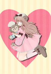 1boy 1girl 2013 animal_ears animification bear_ears bear_girl bow dress duffy_and_friends duffy_the_disney_bear highres holding humanization long_hair looking_at_viewer shelliemay shirt smile stuffed_animal stuffed_toy tennensozai valentine