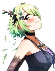 1girl antlers asymmetrical_bangs bare_shoulders black_bow black_choker blush bob_cut bow breasts ceres_fauna ceres_fauna_(goth) chest_harness choker cleavage closed_mouth collarbone commentary ddolbang detached_sleeves dress earclip earrings flower from_side gradient_hair green_hair hair_bow hair_flower hair_ornament hair_over_one_eye hairclip harness highres hololive hololive_english horn_ornament horn_ribbon horns jewelry lace_sleeves large_breasts leaf light_smile long_bangs looking_to_the_side mole mole_under_eye multicolored_hair necklace o-ring o-ring_harness official_alternate_costume official_alternate_hairstyle purple_dress purple_ribbon ribbon short_hair simple_background solo strapless strapless_dress upper_body virtual_youtuber white_background white_flower yellow_eyes