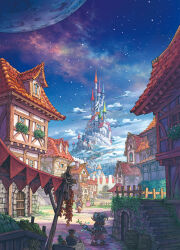 1other architecture bag barrel blue_sky building castle chimney city cityscape cloud crate day facing_away fantasy fence flag from_behind hat holding holding_staff horns house lantern moon multiple_others night night_sky original outdoors pants path planet plant potted_plant railing road scenery sky staff stairs standing star_(sky) starry_sky stone_floor stone_wall tower town tree window wooden_fence yukoiwase