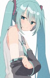 1girl alt_text bare_shoulders black_sleeves blue_eyes blue_hair blue_necktie blush closed_mouth collared_shirt commentary_request detached_sleeves hatsune_miku highres long_hair looking_at_viewer mani_(manidrawings) necktie shirt simple_background sleeveless sleeveless_shirt solo sweatdrop twintails twitter_username upper_body vocaloid white_background