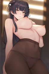 1girl absurdres armpit_crease banned_artist black_bow black_hair blurry blurry_background blush bow bow_panties breasts brown_pantyhose commentary covered_navel evan_yang hair_bow hair_ornament hand_on_own_chest highres idolmaster idolmaster_shiny_colors indoors large_breasts light_particles long_hair mayuzumi_fuyuko navel nipples only_pantyhose panties panties_under_pantyhose pantyhose pink_panties pom_pom_(clothes) pom_pom_hair_ornament solo sweat teeth thighs topless_female two_side_up underwear wince