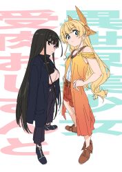 Rule 34 | 2girls, absurdres, belt, black eyes, black footwear, black hair, blonde hair, blue eyes, brown belt, brown footwear, crossed arms, dress, fantasy bishoujo juniku ojisan to, genderswap, hair ornament, highres, ikezawa shin, jinguuji tsukasa, looking at viewer, multiple girls, pants, shoes, shorts, simple background, standing, tachibana hinata (fabiniku), translation request