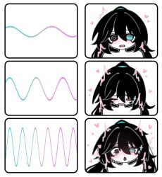 1girl @_@ artist_request black_hair comic hair_between_eyes heterochromia original sex_toy vibrator