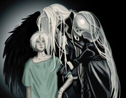 Rule 34 | 2boys, aged down, armor, black coat, black gloves, black wings, closed mouth, coat, commentary, dual persona, english commentary, final fantasy, final fantasy vii, final fantasy vii ever crisis, gloves, green eyes, grey hair, highres, holding another&#039;s arm, long hair, long sleeves, looking at another, male focus, marrzyyx, multiple boys, sephiroth, sephiroth (ever crisis), short hair, shoulder armor, single wing, upper body, very long hair, wings