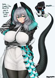 1boy 1girl absurdres arknights arm_behind_back arm_up artist_name black_pantyhose blush breasts bulge chibi covered_erect_nipples cowboy_shot doctor_(arknights) dress english_text engrish_text erection erection_under_clothes fingerless_gloves gloves green_eyes grey_hair head_wings highres ho&#039;olheyak_(arknights) impossible_clothes impossible_dress large_breasts long_hair long_sleeves looking_at_viewer mask open_clothes pantyhose parted_lips ranguage ras_(zzdn3588) simple_background smile tail white_background white_dress white_gloves wings