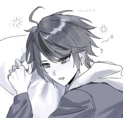 Rule 34 | ..., 1boy, ?, ahoge, artist request, bags under eyes, chinese commentary, commentary request, commission, drooling, greyscale, highres, hood, hood down, jacket over hoodie, long sleeves, monochrome, mouth drool, multicolored hair, pillow, second-party source, short hair, simple background, sleepy, solo, squeans, streaked hair, sumino takumi, the hundred line -last defense academy-, two-tone hair, white background