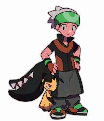 1boy black_eyes black_hair black_pants black_shorts brendan_(pokemon) closed_mouth collared_shirt eye_contact fingerless_gloves full_body gen_3_pokemon gloves hands_on_own_hips hat hugging_another&#039;s_leg looking_at_another male_focus mawile nintendo pants pokemon pokemon_dppt pokemon_platinum popped_collar red_eyes sharp_teeth shirt shoes short_hair short_sleeves shorts sideburns simple_background smile sneakers standing teeth tyako_089 white_background
