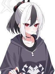1girl black_choker black_hair black_hoodie black_horns blue_archive blush choker closed_mouth collarbone commentary_request demon_horns ear_piercing furrowed_brow grey_hair halo highres hood hoodie horns kayoko_(blue_archive) looking_at_viewer mole mole_on_shoulder piercing ponytail red_eyes sidelocks simple_background solo standing tearing_up ugai0524 white_background