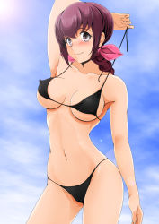 1girl arm_behind_head arm_up armpits bikini black_bikini blue_sky blush breasts brown_eyes brown_hair closed_mouth cloud cloudy_sky covered_erect_nipples cowboy_shot day female_focus gluteal_fold hair_ribbon highres hoshizora_ikuyo jewelry lens_flare long_hair looking_at_viewer mature_female medium_breasts nanashi_noiji navel necklace outdoors panties pink_ribbon ponytail precure ribbon sky smile smile_precure! solo standing string_panties swimsuit underwear untied_bikini untying