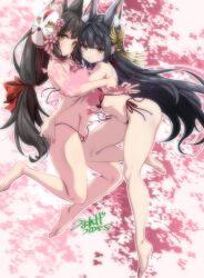 2girls animal_ear_fluff animal_ears azur_lane barefoot black_hair commentary_request fox_ears fox_girl hug long_hair mask mask_on_head multiple_girls nagato_(azur_lane) nagato_(meta)_(azur_lane) paid_reward_available panties red_panties side-tie_panties umyonge_(lkakeu) underwear yellow_eyes
