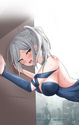 1girl :d against_wall backless_dress backless_outfit bare_shoulders benzhu_(benzhu0617) blue_dress blush breasts bus double-decker_bus dress eternity_(reverse:1999) from_side furrowed_brow gradient_background hand_on_wall highres jellyfish_earrings large_breasts looking_at_viewer medium_hair motor_vehicle open_mouth people reverse:1999 single_sleeve smile solo sweat upper_body white_background white_hair yellow_eyes