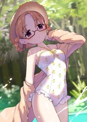 1girl asukaru_(magika_ru) blush breasts brown_hat character_request closed_mouth collarbone commentary_request copyright_request cowboy_shot day glasses halterneck hat highres jacket looking_at_viewer one-piece_swimsuit open_clothes open_jacket orange_hair orange_jacket outdoors parted_bangs purple_eyes short_hair small_breasts solo swimsuit white_one-piece_swimsuit