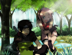 1boy 1girl grass green_eyes haruno_sakura katsuko_(naruto) naruto_(series) naruto_shippuuden one_eye_closed pink_hair sai short_hair sketchbook smile wink