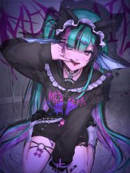 1girl :p aqua_hair black_hair blunt_bangs blush breasts chest_harness earrings finana_ryugu finana_ryugu_(jirai_kei) finger_in_own_mouth fins fish_skeleton_hair_ornament glint hamutarou773 harness head_fins highres jewelry long_hair long_sleeves looking_at_viewer maid_headdress medium_breasts multicolored_hair necklace nijisanji nijisanji_en purple_eyes purple_hair scales sharp_teeth shell shell_necklace side_ponytail sitting sleeves_past_wrists solo streaked_hair teeth thigh_strap tongue tongue_out very_long_hair virtual_youtuber wariza