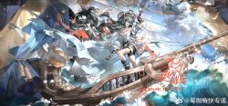 1girl bare_shoulders black_boots black_hair black_shorts boots commission detached_sleeves dual_wielding gun hat highres holding holding_gun holding_weapon long_hair meiqiatekuai ocean one_eye_covered open_mouth original pirate pirate_hat ship shorts smile solo teeth upper_teeth_only very_long_hair watercraft watermark waves weapon weibo_watermark white_sleeves