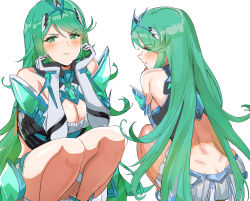 1girl absurdres anger_vein aqua_eyes aqua_hair ass bare_shoulders blush breasts butt_crack chest_jewel cleavage closed_mouth cosplay dimples_of_venus elbow_gloves female_focus frown gem gloves green_eyes green_hair head_rest headpiece highres jewelry large_breasts long_hair looking_at_viewer matching_hair/eyes multiple_views mythra_(xenoblade) nintendo ormille pneuma_(xenoblade) pneuma_(xenoblade)_(cosplay) simple_background spoilers squatting swept_bangs thighs tiara white_background xenoblade_chronicles_(series) xenoblade_chronicles_2