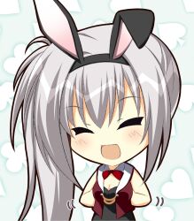 1girl :d ^_^ animal_ears aqua_background asagi_nanami black_leotard blush bow bowtie breasts chibi cleavage closed_eyes commentary_request detached_collar dracu-riot! elena_olegovna_owen facing_viewer fake_animal_ears grey_hair hair_between_eyes happy highres large_breasts leotard long_hair motion_lines open_mouth playboy_bunny rabbit_ears red_bow red_bowtie side_ponytail sidelocks simple_background smile solo upper_body very_long_hair
