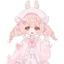 1girl :3 adjusting_clothes adjusting_headwear animal_ears arm_at_side arm_bow bell beret borrowed_character bow bowtie cardigan carrot_hair_ornament collar commission cowlick curly_hair dot_nose dress drill_hair food-themed_hair_ornament frilled_collar frills fur-trimmed_sleeves fur_trim hair_bow hair_ornament hair_ribbon hand_up happy hat heart heart_hair_ornament jingle_bell lolita_fashion long_hair lower_teeth_only mrsnanapple neck_bell open_cardigan open_clothes open_mouth orange_hair original pastel_colors pink_bow pink_bowtie pink_cardigan pink_eyes pink_ribbon rabbit_brooch rabbit_ears ribbon second-party_source short_eyebrows simple_background skeb_commission solo star_(symbol) star_in_eye straight-on swept_bangs symbol_in_eye tachi-e teeth triangle_hair_ornament twin_drills upper_body white_background white_collar white_dress white_hat winged_hat