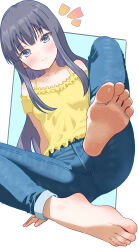1girl absurdres barefoot black_hair blue_eyes blush denim feet highres jeans long_hair looking_at_viewer misumi_aoi off_shoulder ongeki pants smile soles toes uroichi