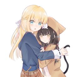 2girls animal animal_on_head asakura_karen_(heaven_burns_red) black_hair blonde_hair blue_jacket blush bow braid chinese_commentary commentary_request green_eyes half_up_braid heaven_burns_red highres hood hood_up hooded_jacket hug jacket long_hair long_sleeves multiple_girls on_head red_bow ribbon shuangli tail toujou_tsukasa twintails white_ribbon yellow_eyes yuri