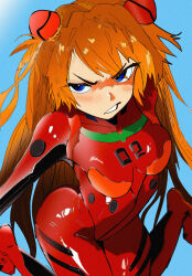 Rule 34 | 1girl, :/, aqua background, artist request, ass, bent over, blue eyes, bodysuit, breasts, brown hair, closed mouth, cowboy shot, curvy, disgust, from below, hair between eyes, highres, long hair, looking at viewer, medium breasts, neon genesis evangelion, red bodysuit, shiny clothes, simple background, solo, souryuu asuka langley, tsundere, very long hair, wide hips