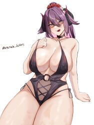 1girl :q absurdres ananda_hikari artist_name azur_lane bare_shoulders black_choker black_horns black_one-piece_swimsuit breasts choker cleavage collarbone commentary curled_horns english_commentary friedrich_carl_(azur_lane) friedrich_carl_(tender_summer_care)_(azur_lane) glasses hair_between_eyes hair_on_horn highres horns huge_breasts long_hair looking_at_viewer mole mole_under_mouth o-ring o-ring_swimsuit official_alternate_costume one-piece_swimsuit purple_eyes rectangular_eyewear simple_background sitting solo swimsuit tongue tongue_out very_long_hair white_background