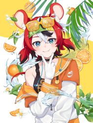 Rule 34 | 1girl, absurdres, alternate costume, animal ears, black choker, black hair, blue eyes, choker, closed mouth, eyewear on head, food, fruit, gloves, hakos baelz, highres, hololive, hololive english, jacket, looking at viewer, mouse ears, mouse girl, multicolored hair, multicolored jacket, orange-tinted eyewear, orange (fruit), orange jacket, orange slice, rantomato18, red hair, solo, sunglasses, tinted eyewear, twintails, v, virtual youtuber, white gloves, white hair, white jacket