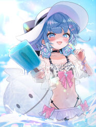 Rule 34 | 1girl, alternate costume, ball, beachball, bikini, black bikini, black choker, blue eyes, blue hair, blue nails, blush, choker, commentary request, cowboy shot, crop top, day, double bun, dual wielding, fangs, flat chest, food, foreshortening, hair bun, hair ornament, hand up, hat, highleg, highleg bikini, highres, holding, holding food, holding popsicle, hololive, hololive dev is, incoming food, lens flare, light rays, long hair, looking at viewer, microskirt, mizumiya su, multicolored hair, multicolored nails, nail polish, navel, nishi ao, o-ring, o-ring choker, ocean, off-shoulder shirt, off shoulder, open mouth, outdoors, outstretched arm, pink hair, pink nails, pleated skirt, popsicle, see-through clothes, see-through shirt, shirt, signature, skirt, smile, solo, standing, starfish hair ornament, streaked hair, string bikini, sun hat, sunbeam, sunlight, swimsuit, twitter username, two-tone nails, very long fingernails, virtual youtuber, wading, water, water drop, wet, wet clothes, wet shirt, white hat, white skirt