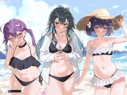 3girls absurdres ahoge beach bikini black_bikini black_choker blush braid breasts butterfly_hair_ornament choker collarbone commentary_request cowboy_shot frilled_bikini frills front-tie_bikini_top front-tie_top gakuen_idolmaster green_hair hair_flaps hair_ornament hat hataya_misuzu highres hood hooded_jacket idolmaster jacket kaya_rinha kimi_to_semi_blue_(idolmaster) long_hair looking_at_viewer medium_breasts multiple_girls navel outdoors purple_hair short_hair side-tie_bikini_bottom smile stomach straight_hair straw_hat swimsuit syngup!_(idolmaster) thigh_gap thigh_strap tigger_drawing tsukimura_temari twintails two-sided_fabric two-sided_jacket very_long_hair white_jacket