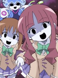 3girls brown_hair corruption creepy digimon digimon_ghost_game doll empty_eyes happy_trance hitsugi_mc hypnosis jellyfish_girl jellymon long_hair medium_hair mind_control monster_girl multiple_girls plaid_clothes plaid_skirt school_uniform skirt tentacle_hair tentacles tsukiyono_ruli udagawa_aoi very_long_hair